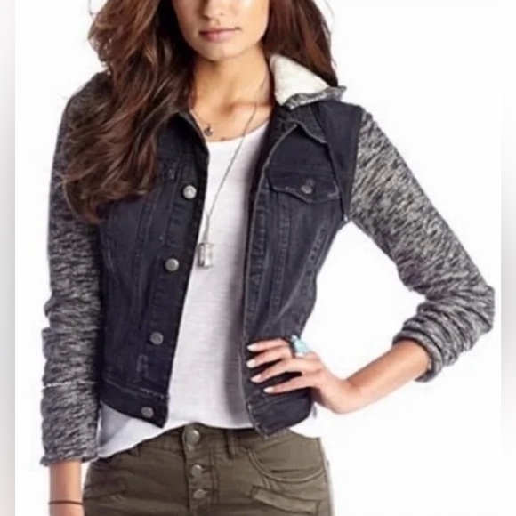 Free People Distressed Black Denim Jacket with Grey Knit Sleeves & Hood in XS - Picture 3 of 12